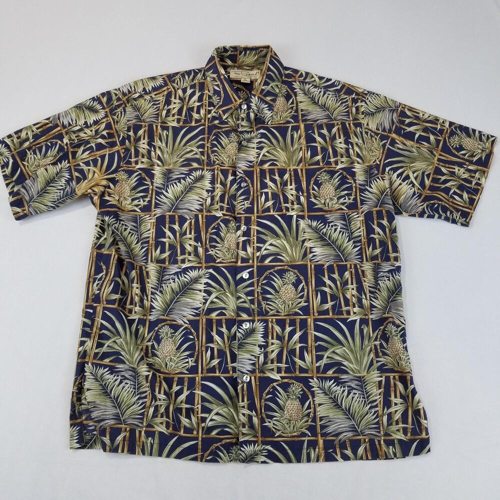 Tori Richard Shirt Mens Large Blue Cotton Lawn Hawaiian Aloha Pineapple Bamboo